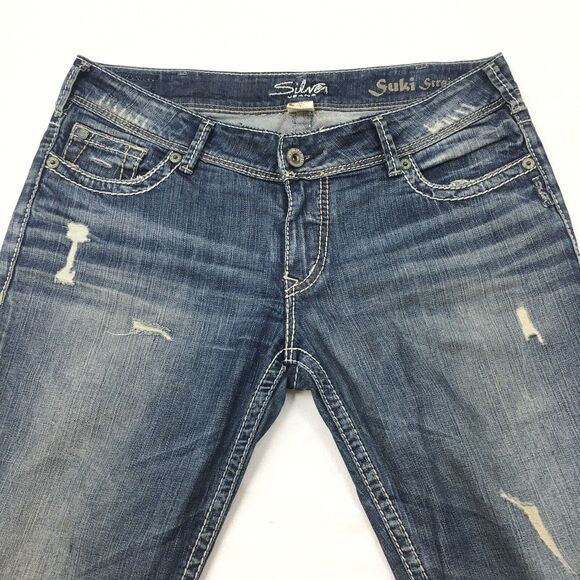 SILVER Suki Jeans Women 36x30 Straight Medium Wash Distressed Stretch Denim Blue - Picture 3 of 16